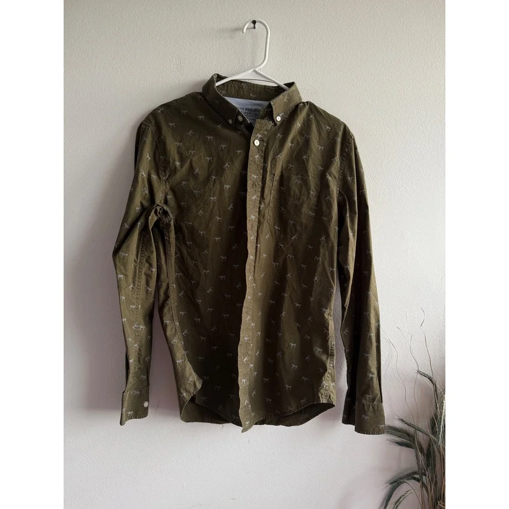 Banana Republic Mens Grant Slim Fit Luxe Poplin Zebra Print Shirt Olive Green S